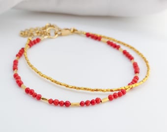 Red Coral Gold Vermeil Beaded Bracelet: Dainty Bohemian Jewelry, Mother's Day Gift