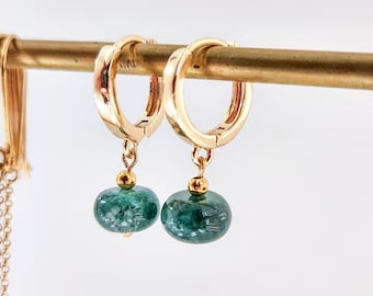 Gold Hoop Earrings with Grandidierite Quartz • Dainty Green Gemstone Hoops • Minimalist Everyday Earrings