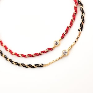 Red string and Gold chain woven bracelet with sparkly Cubic Zirconia gold bead ,String,Delicate, Friendship,Good luck,Protection,Boho,Gift