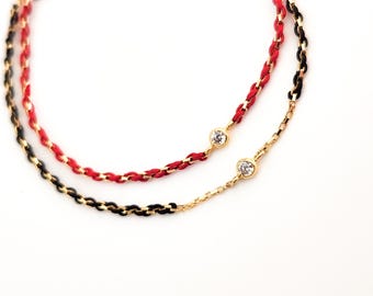 Red string and Gold chain woven bracelet with sparkly Cubic Zirconia gold bead ,String,Delicate, Friendship,Good luck,Protection,Boho,Gift