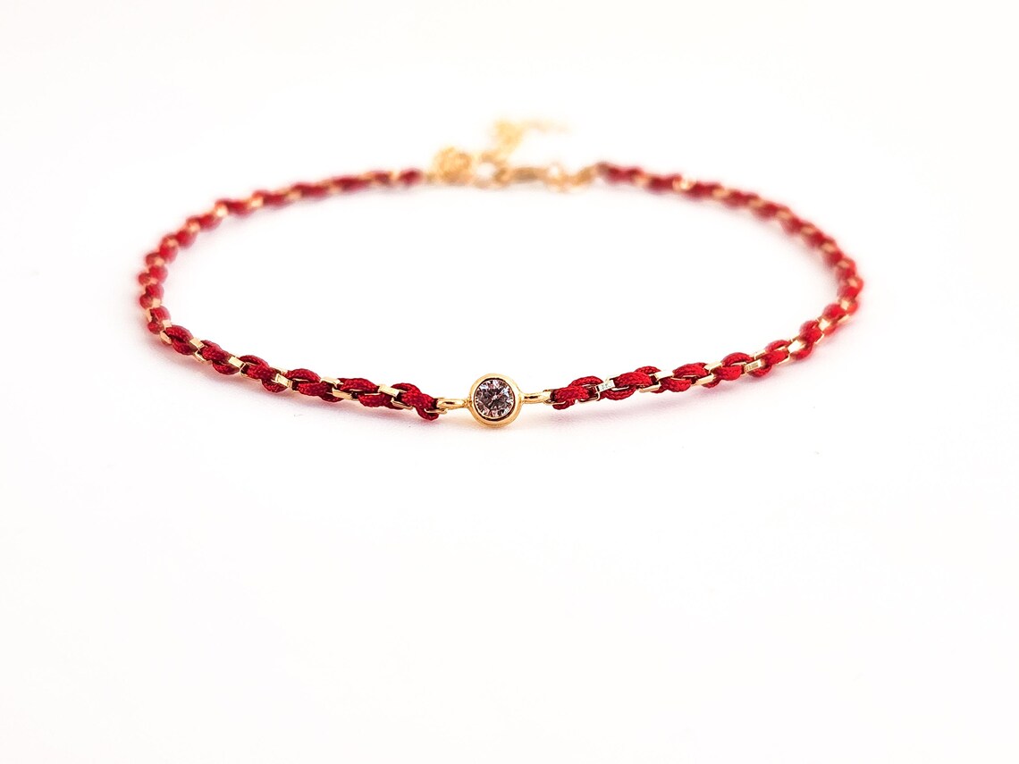 Red String and Gold Chain Woven Bracelet With Sparkly Cubic Zirconia ...