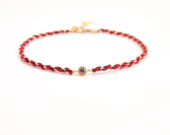 Red string and Gold Chain Woven bracelet with sparkly Cubic Zirconia gold bead, Delicate, Friendship, Good Luck, Kabbalah,Boho, Gift for her