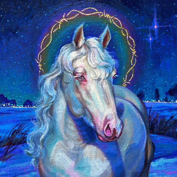 White Horse Magical Night Winter Scene Psychedelic Visionary Original Art