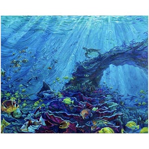 Trippy Coral Reef Art Print – Colorful Surreal Ocean Painting with Fish and Turtle – Mermaidcore Wall Art
