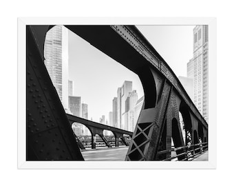 Czarno-biały wydruk artystyczny „Most Chicago”, fotografia pejzażu miejskiego