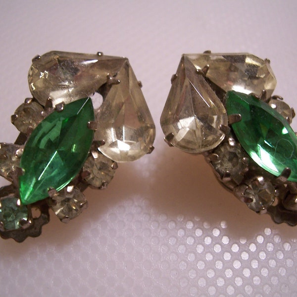 Vintage Green & Clear Glass Rhinestone Earrings