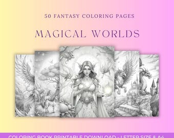 Magical Worlds  50 Fantasy Coloring Pages for Adults PDF, Detailed Illustrations for Printing, A4
