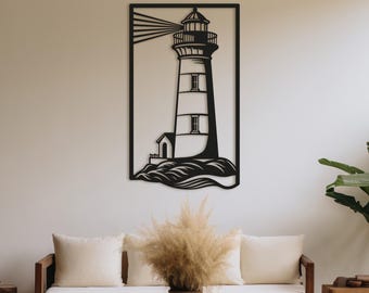 Lighthouse Metal Wall Art. Black Steel Wall Decoration. Modern Ocean-Themed Metal