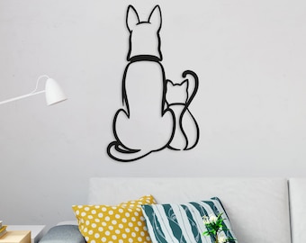 Minimalist Dog and Cat Steel Wall Art: Laser-Cut Metal Hanging Decor