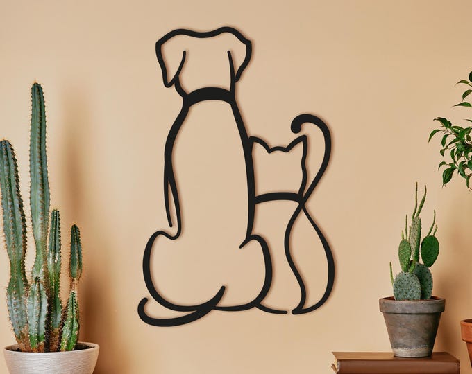 Minimalist Dog and Cat Steel Wall Art: Animal Line Art Decor