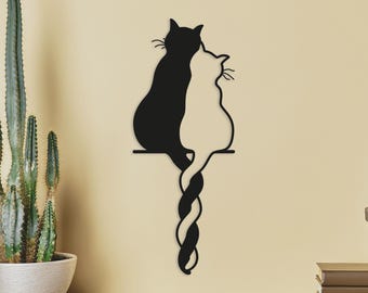 Metal Cat Wall Art – Black & White Cats Steel Decoration for Home