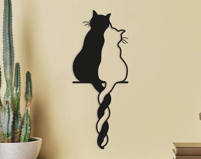 Metal Cat Wall Art – Black & White Cats Steel Decoration for Home