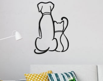 Minimalist Dog and Cat Steel Wall Art: Animal Line Art Decor