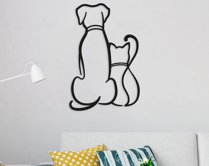 Minimalist Dog and Cat Steel Wall Art: Animal Line Art Decor