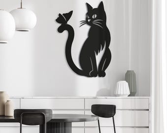 Cat with Butterfly. Pet Themed Metal Wall Hanging Decor