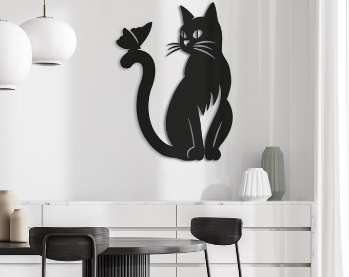 Cat with Butterfly. Pet Themed Metal Wall Hanging Decor