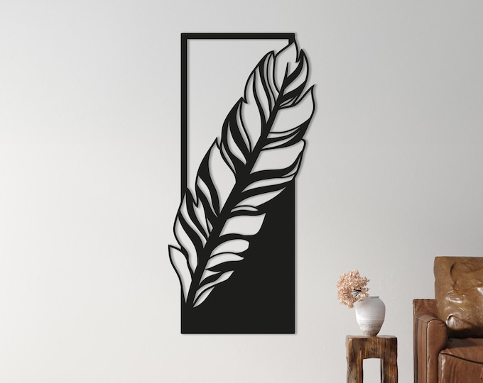 Feather Metal Wall Art – Modern Steel Feather in Frame | Minimalist Nature-Inspired Wall Decoration for Living Room, Bedroom & Office