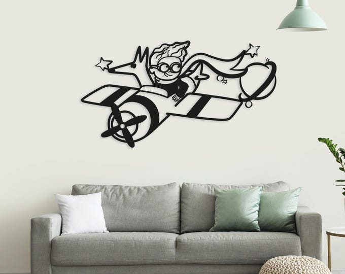 Little Prince Steel Wall Art: Airplane with Fox Metal Hanging Decor