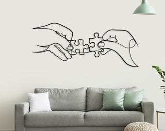 Minimalist Hands Holding Puzzle Metal Wall Art: Soulmate Connection Decor