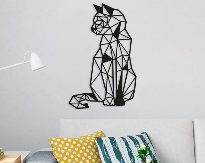 Geometric Cat Metal Wall Art: Minimalist Line Decor