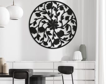Floral Wall Art in a circle. Nature Themed Landscape Metal Wall Hanging Decor