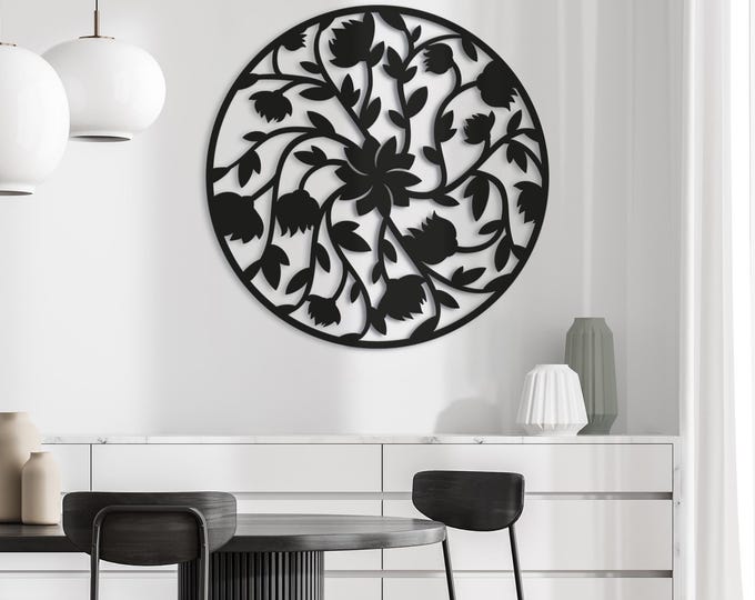 Floral Wall Art in a circle. Nature Themed Landscape Metal Wall Hanging Decor