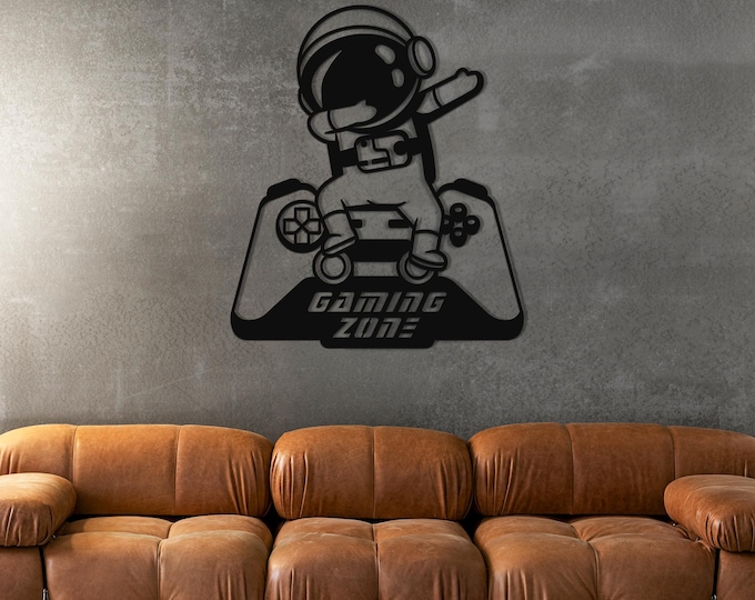 Gaming Zone Astronaut Metal Wall Art - Gamer Room Decor - Steel Wall Sign for Boys Bedroom or Gaming Setup