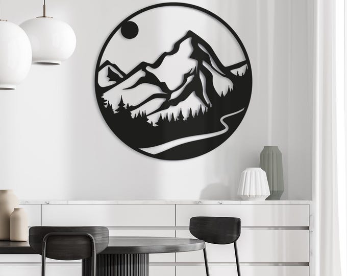 Mountains Metal Wall Art: Nature Landscape Circle Decor