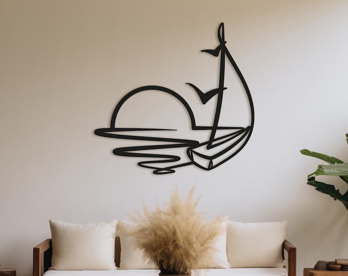 Sunset Sailboat Metal Wall Art | Minimalist Ocean Wall Decor | Nautical Steel Wall Sculpture