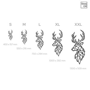 May include: Five sizes of a geometric deer head wall decor silhouette. The sizes are S, M, L, XL, and XXL. The measurements are listed in inches.