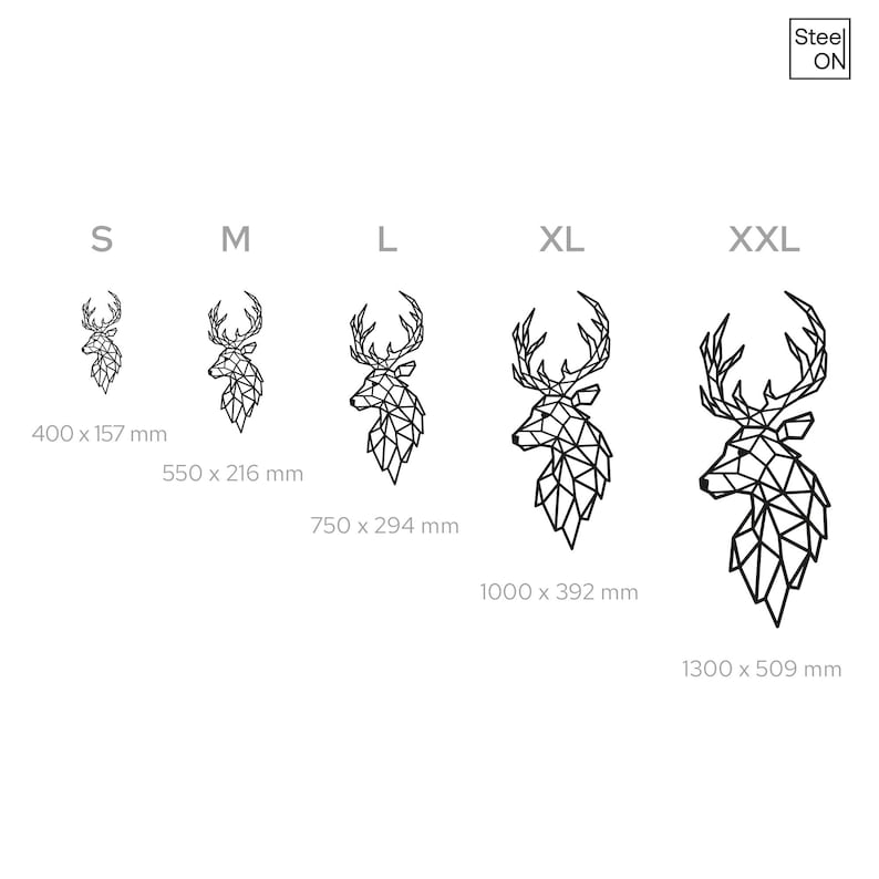 May include: Five sizes of a geometric deer head wall decor silhouette. The sizes are S, M, L, XL, and XXL. The measurements are listed in inches.