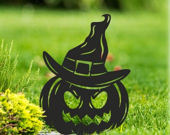 Halloween Metal Pumpkin Yard Sign with Witch Hat – Outdoor Jack O’Lantern Garden Decoratio