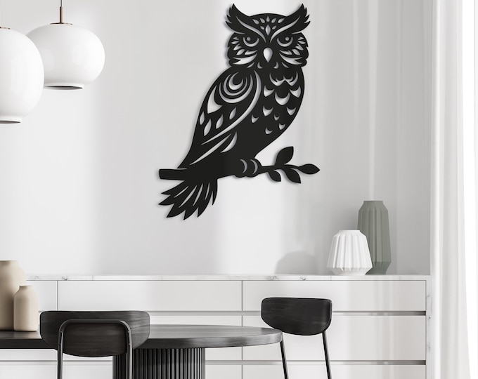 Owl on a branch. Nature Animal Themed Metal Wall Hanging Decor