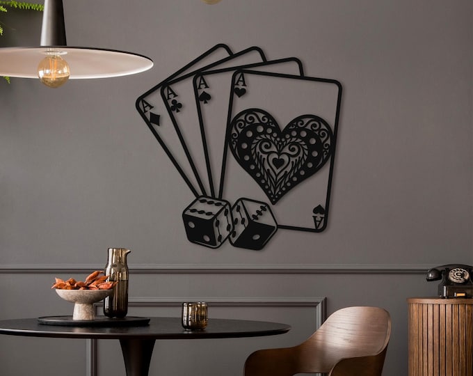 Aces and Dices Heart. Poker Themed Playing Cards Metal Wall Hanging Decor