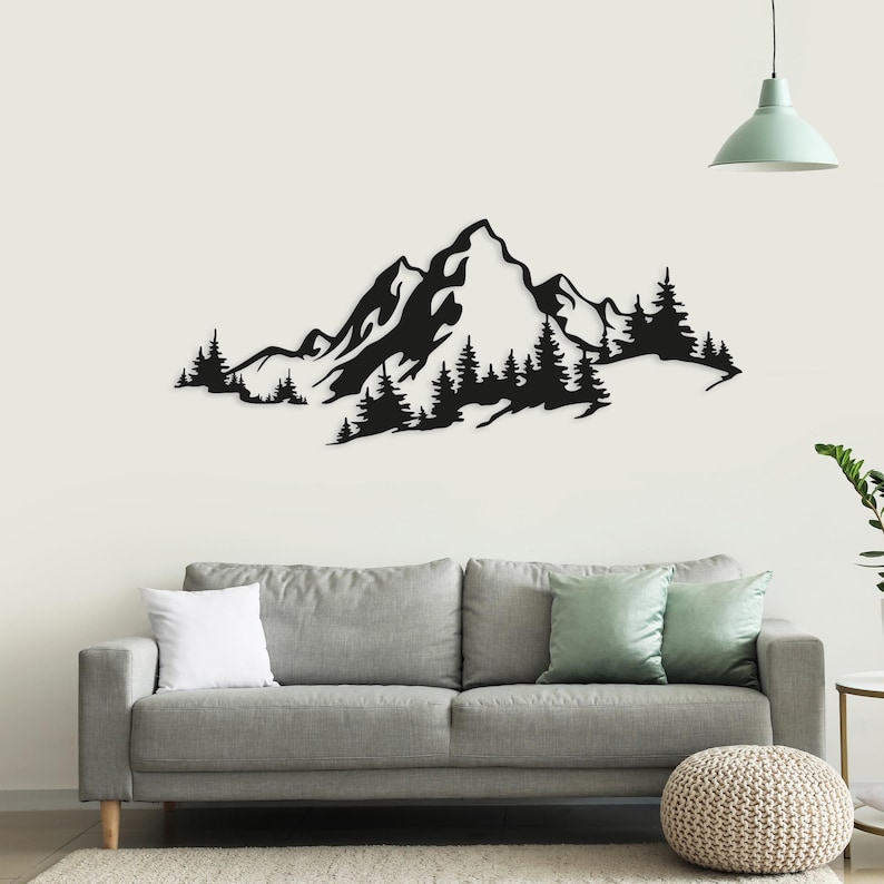 Metal Mountain Forest Wall Art, Nature Landscape Metal Hanging Decor image 1
