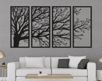 4-Piece Metal Tree Wall Art. Modern Laser-Cut Black Steel Panels. Nature-Inspired Home Décor
