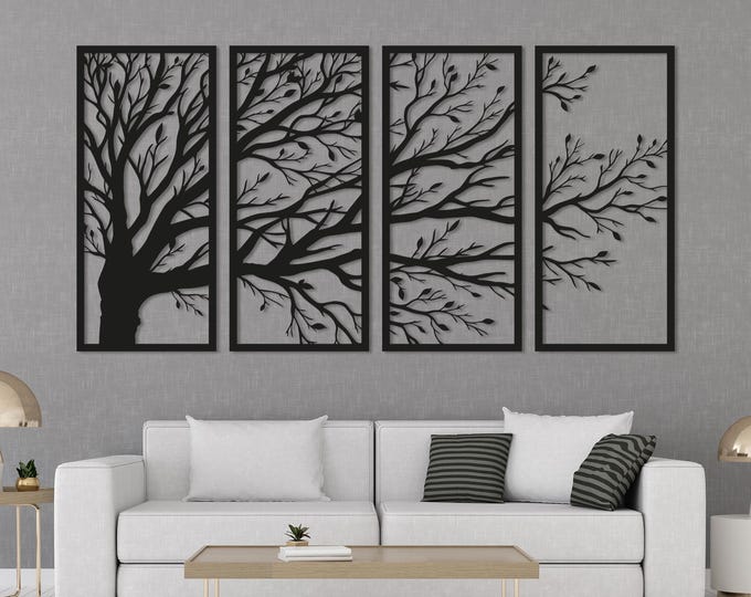 4-Piece Metal Tree Wall Art. Modern Laser-Cut Black Steel Panels. Nature-Inspired Home Décor