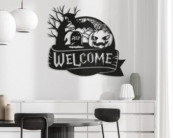 Halloween Welcome Sign – Metal Wall Art with Pumpkin, Bat & Graveyard Scene – Spooky Holiday Home