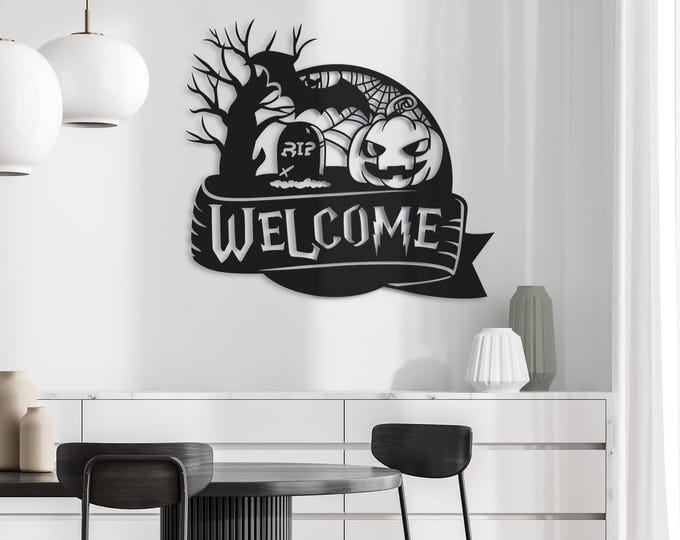 Halloween Welcome Sign – Metal Wall Art with Pumpkin, Bat & Graveyard Scene – Spooky Holiday Home