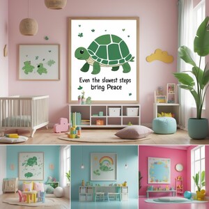 May include: A framed print featuring a green turtle illustration with the text "Even the slowest steps bring Peace." The image is displayed in a child's room with a crib, shelves, and other decorative items. The room is painted in shades of pink and white.
