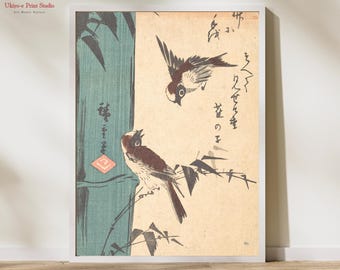Hokusai Bamboo & Sparrow Print: Vintage Japanese Ukiyo-e Art