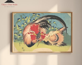 Hokusai Ukiyo-e Print: Rooster, Hen, and Spiderwort, Animal Flower Art Print, Japanese Woodblock