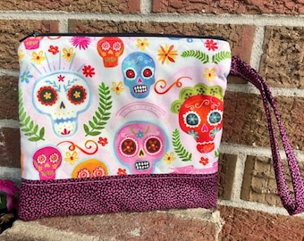 Quilted Sugar Skulls zipper pouch, Day of the Dead themed