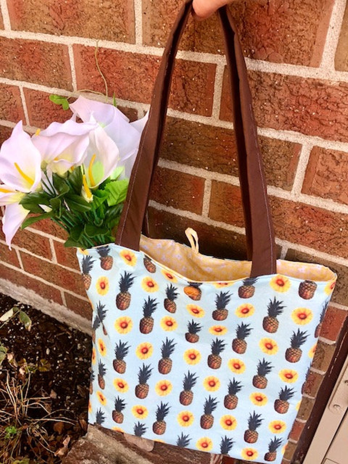 Pineapple Tote Bag Pineapple and Flower Tote Etsy