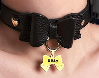 REVERIEE Custom Laser Engraved Bow Tag – Gold or Silver Stainless Steel Collar Charm
