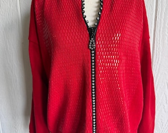 Vintage Mardel Rot Strass Zip Strickjacke Pullover Pailletten Statement