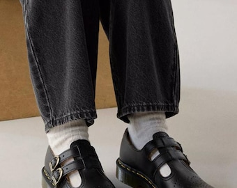 Doc Dr. Martens 12916 Mary Jane Black Leather Shoes w/Double Buckle Women's Sz 9