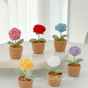 Vaso di fiori all&#39;uncinetto, regalo personalizzato di rose all&#39;uncinetto per insegnante, decorazione per la casa, decorazione per la scrivania, rose in vaso, regali per la festa della mamma