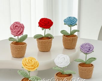 Crochet flower pot,crochet rose  personalized gift for teacher, home decoration,  desk decoration, rose in pot Mother's day gifts