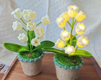 Crochet Handmade Lily Potted Plant Light Lamp Lilies of the Valley Finished Flower Desk Decoration t Stand Forever Gift